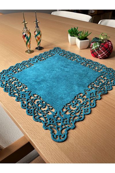 Ergüven Home Set de serviciu american cu plăcuțe pătrate din piele de căprioară albastră 6 bucăți 35x35cm