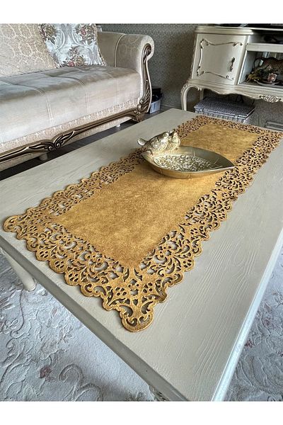 Ergüven Home Μουσταρδί κίτρινο σουέντ ύφασμα Runner 40x100 cm Μήκος τραπεζιού σαλονιού - Ορθογώνιο μοντέλο
