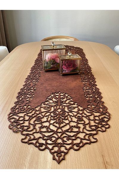 Ergüven Home Пътека за маса от велур, червено-кафява, фино изрязана, размер 40x140 см