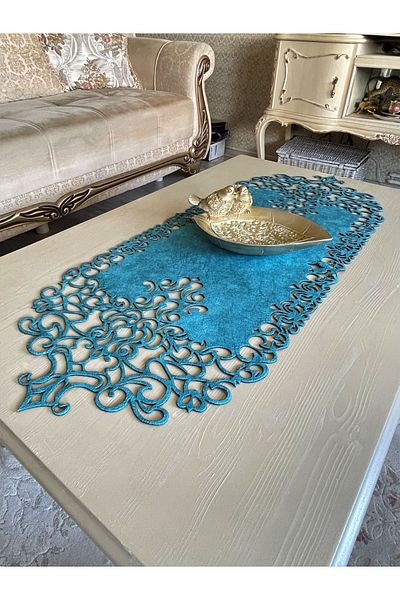 Ergüven Home Masuta de cafea Runner Tesatura din piele intoarsa albastra 40x100 Cm - Design Modern