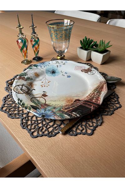 Ergüven Home Dark Gray Suede Fabric Round Placemat American Service Set 6 Pieces 35x35cm