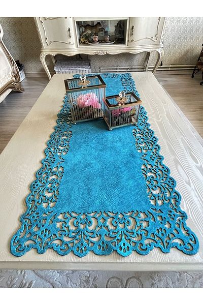 Ergüven Home Blue Suede Fabric Runner 40x100 cm Μήκος Τραπεζάκι Σαλονιού - Ορθογώνιο Μοντέλο