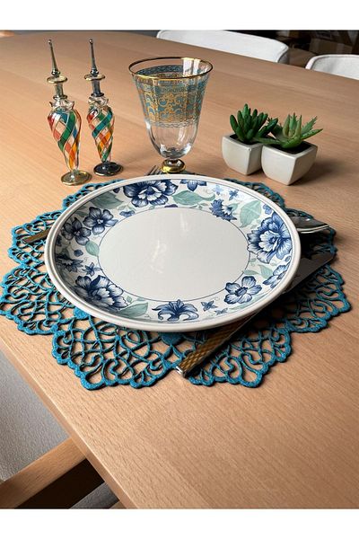 Ergüven Home Set de serviciu american cu plăcuțe rotunde din piele intoarsa albastra 6 bucati 35x35cm