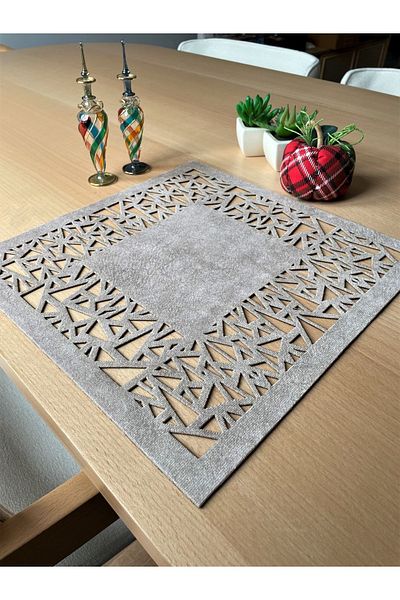 Ergüven Home Σκούρο μπεζ (PIECE COLOR) σουέντ ύφασμα American Service Πλάκα 35x35 cm Τετράγωνο Σετ 6 - Γεωμετρικό Τρίγωνο Μοτίβο