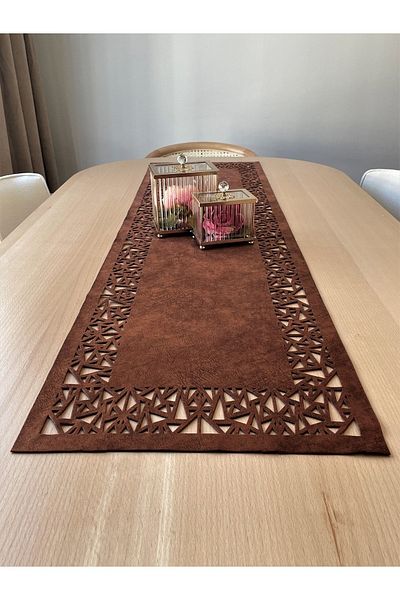Ergüven Home Κόκκινο καφέ Suede Fabric Runner 40x140 cm Μήκος τραπεζιού - Γεωμετρικό τρίγωνο σχέδιο