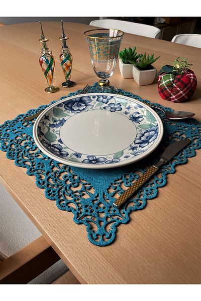 Ergüven Home Set de serviciu american cu plăcuțe pătrate din piele de căprioară albastră 6 bucăți 35x35cm
