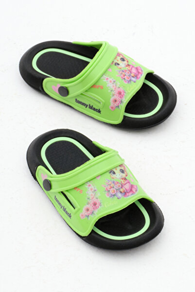 Tonny Black Green Flower Patterned Girl's Slippers - Poly Sole