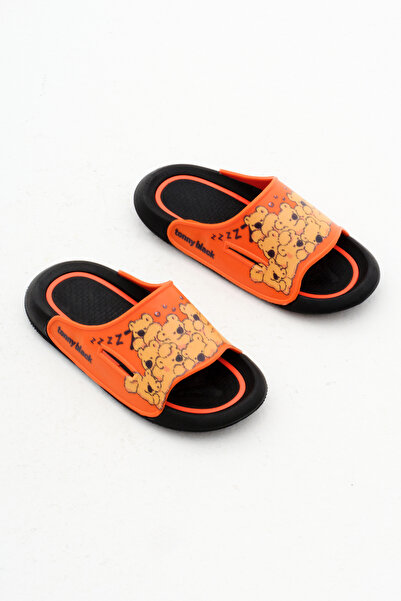 Tonny Black Unisex Children's Slippers - Orange Teddy Bear Pattern, Poly Sole