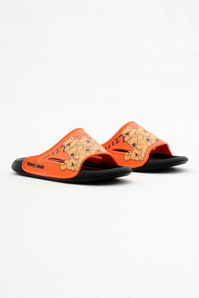 Tonny Black Unisex Children's Slippers - Orange Teddy Bear Pattern, Poly Sole