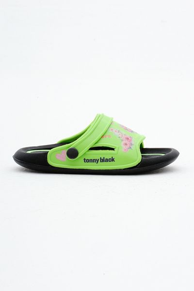 Tonny Black Green Flower Patterned Girl's Slippers - Poly Sole