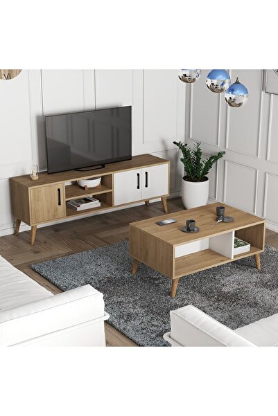 Mezza Set 1584-2074 Exxen 150 CM (AHŞAP AYAKLI) Tv Ünitesi - Orta Sehpa Seti Sepet - Beyaz Rengi