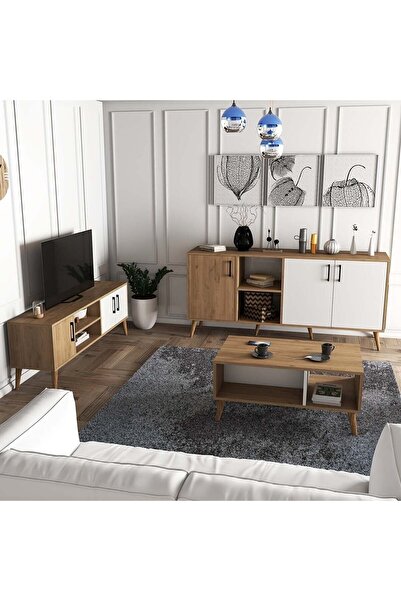 Mezza Set 1584-2074-1624 Exxen (AHŞAP AYAKLI) Tv Ünitesi - Orta Sehpa - Konsol Seti Sepet - Beyaz