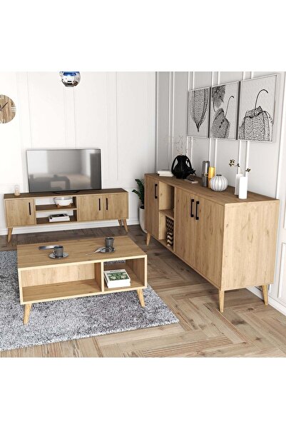 Mezza Set 1586-2076-1626 Exxen (AHŞAP AYAKLI) Tv Ünitesi - Orta Sehpa - Konsol Seti Sepet Rengi