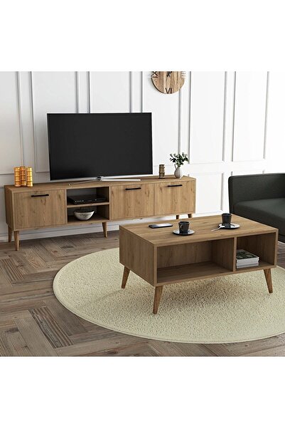 Mezza Set 1587-2076 Exxen 180 Cm (AHŞAP AYAKLI) Tv Ünitesi - Orta Sehpa Seti Sepet Rengi