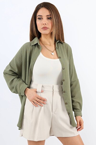 Ritnice Women's Linen Comfy Long Khaki Shirt