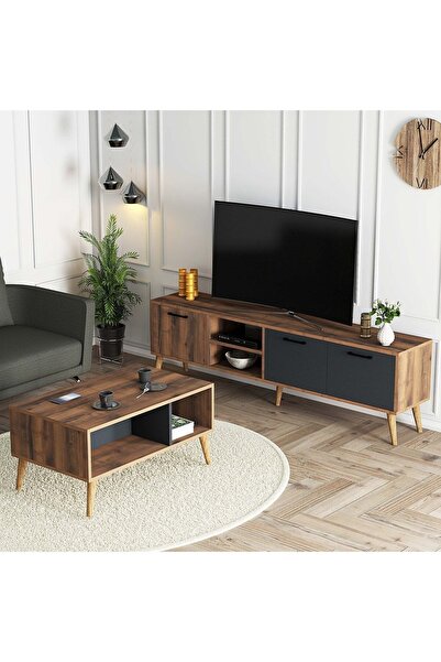 Mezza Set 1581-2070 Exxen 180 CM (AHŞAP AYAKLI) Tv Ünitesi Orta Sehpa Seti - Hat-antrasit Rengi