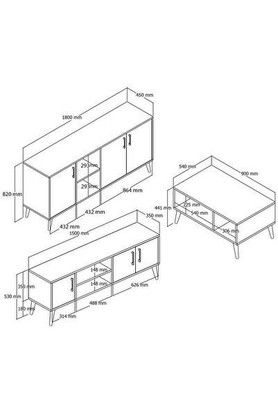 Mezza Set 1582-2072-1622 Exxen (Ahşap Ayaklı) Tv Ünitesi - Orta Sehpa - Konsol Seti Hat Rengi