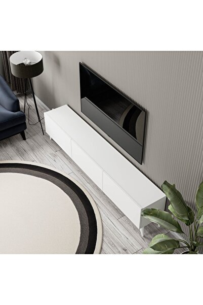 Mezza 1250 ELİSA 3 KAPAKLI KULPSUZ 180 CM AYAKLI TV ÜNİTESİ BEYAZ