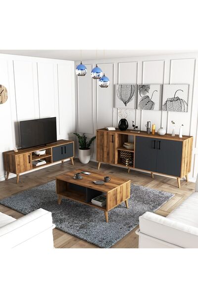 Mezza Set 1580-2070-1620 Exxen (AHŞAP AYAKLI) Tv Ünitesi - Orta Sehpa - Konsol Seti Hat - Antrasit