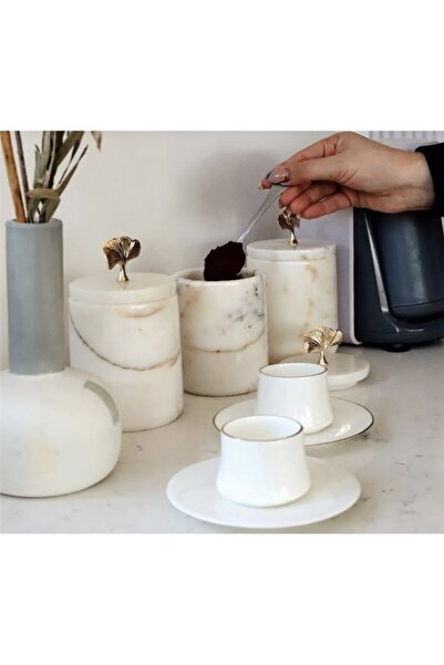 ege gross Dekoratif Beyaz Mermer Ginko 3 Lü Baharatlık Şekerlik Kavanoz Seti