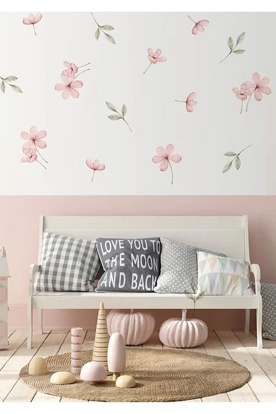 Sim Tasarım Pink Meadow Flowers and Leaves Wall Sticker Set