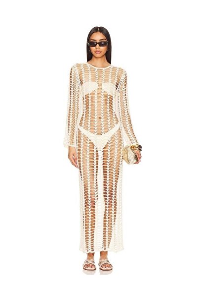 Sistaful El Örgüsü Beyaz Maxi Plaj Elbisesi