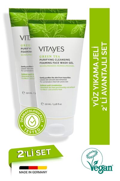 VITAYES Akneye Yatkın Ciltler Için Yeşil Çay Özlü Derin Temizleme Arınma Yüz Yıkama Jeli Avantajlı Ikili Set