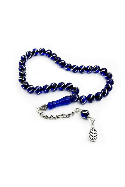 TAŞHAN Gümüş Yarma İşlemeli El İşçiliği Mavi Ateş Kehribarı Tesbih