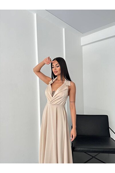 FGKBOUTİQUE Krem Saten Maxi Elbise
