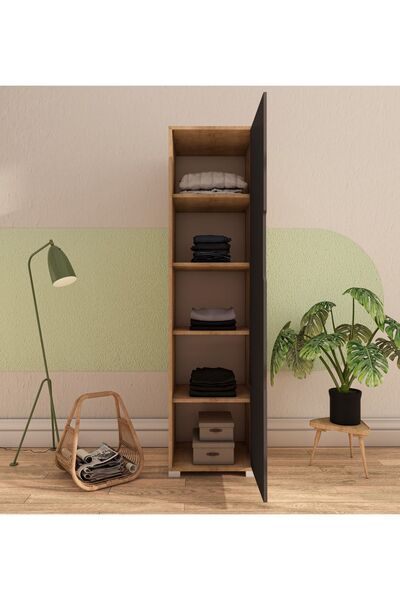 VM VERTEX MOBİLYA Flora 1 Kapaklı 5 Raflı Gardırop Safir Meşe - Antrasit Elbise Dolabı