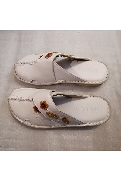 John May Kadın Hakiki Deri Beyaz El Işi Çiçek Yaprak Aplikeli Çok Yumuşak Çok Rahat Sabo Terlik