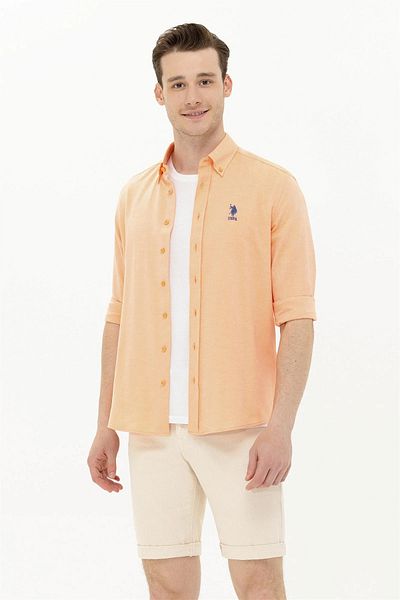 U.S. Polo Assn. Cămașă de bază portocalie pentru bărbați - mânecă lungă