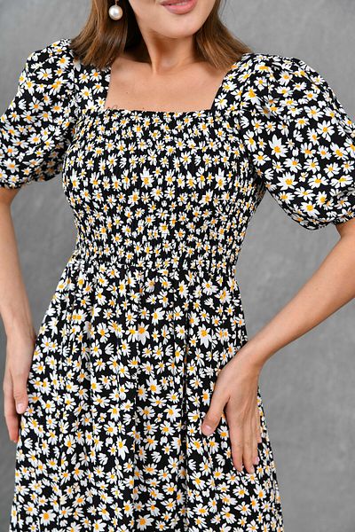 bayansepeti Daisy Print Βαμβακερό ύφασμα βισκόζης Guipeli κοντό μανίκι Midi μήκος casual φόρεμα 039