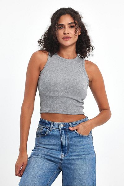 COMEOR Women's Grey-Navy Blue Ribbed Look Strappy Thick Flexible Knitted 2-Piece Basic Crop Tank Top Blouse