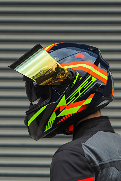 LS2 Stream Evo Reflex Mavi Turuncu Kask + Dahili Bluetooth Kulaklık