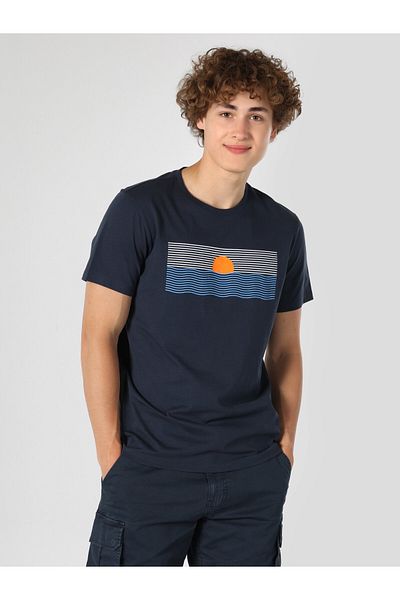 Colin's Tricou cu mânecă scurtă pentru bărbați, cu imprimeu albastru, în formă regulată