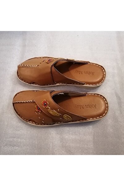 John May Kadın Hakiki Deri Taba El Işi Çiçek Yaprak Aplikeli Çok Yumuşak Çok Rahat Sabo Terlik