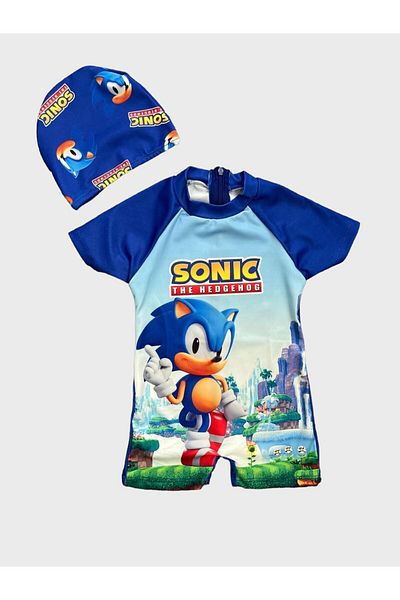 ALİŞ KİDS Costum de baie albastru pentru băiat - model sonic, mânecă scurtă, fermoar și protecție