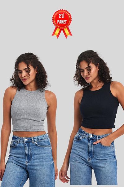 COMEOR Women's Grey-Navy Blue Ribbed Look Strappy Thick Flexible Knitted 2-Piece Basic Crop Tank Top Blouse