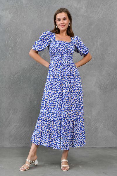 bayansepeti Rochie midi albastră casual - imprimeu cu margarete, viscoză din bumbac, guipă, mânecă scurtă 039