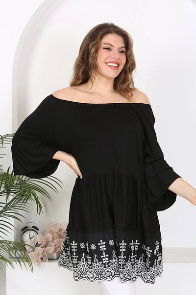 ViolettaXL Large Size Madonna Collar Viscose Tunic - FlexiBle Scallop Detail