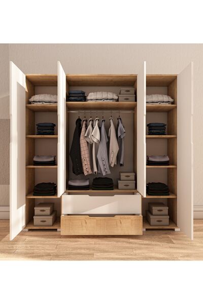 VM VERTEX MOBİLYA Flora 4 Kapaklı 2 Çekmeceli Gardırop Beyaz Elbise Dolabı