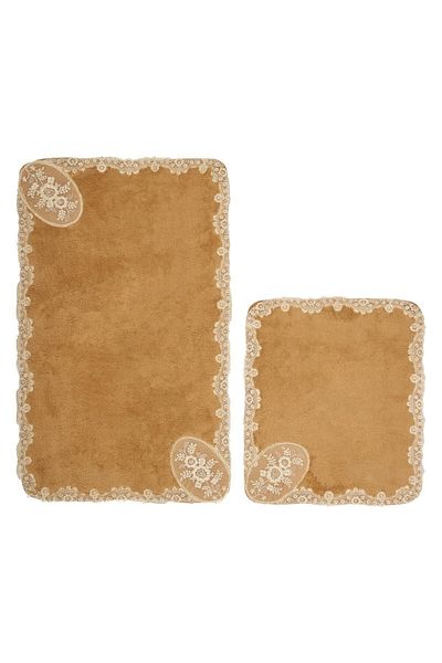 Dekoreko Welsoft Appliqued Lacy 2-Piece Toilet Set Bathroom Mat Set Rona Light Brown