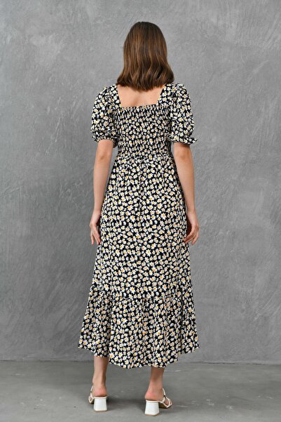 lovebox Černé večerní šaty Midi – bavlna, vzor sedmikrásky a design Gipe, krátký rukáv 039