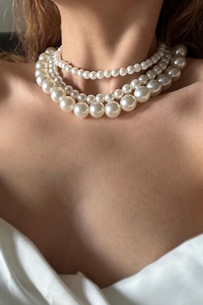 Nonno dekor 3 Sıralı Özel Kaplamalı Soyulmaz Inci Kolye- 3 Ayrı Kolye