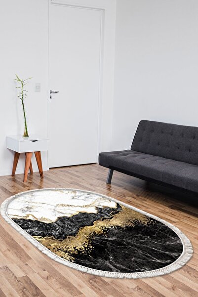 EXCLUSIVE Krem Dijital Baskı Yıkanabilir Kaymaz Taban Püsküllü Oval Salon Mut...