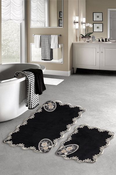 Dekoreko Welsoft Appliqued Lacy 2-Piece Toilet Set Bathroom Mat Set Rona Black