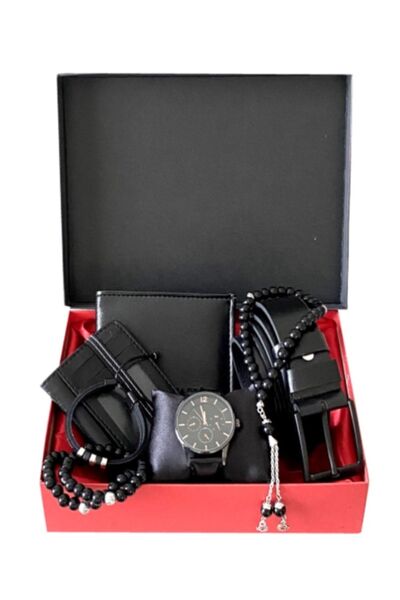 GulShop Sevgiliye,babaya,arkadaşa,kardeşe Siyah Kol Saati Kemer Kartlık Cüzdan Tesbih 3 Adet Bileklik