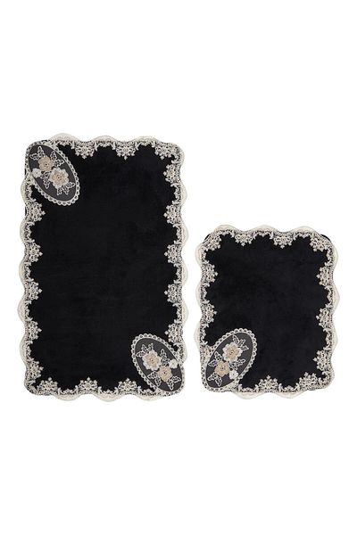 Dekoreko Welsoft Appliqued Lacy 2-Piece Toilet Set Bathroom Mat Set Rona Black