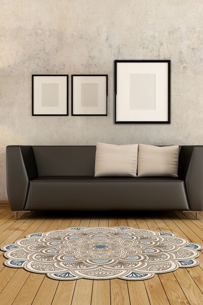 EXCLUSIVE Saray Figürlü Dijital Salon Halısı Kaymaz Taban Aida Krem